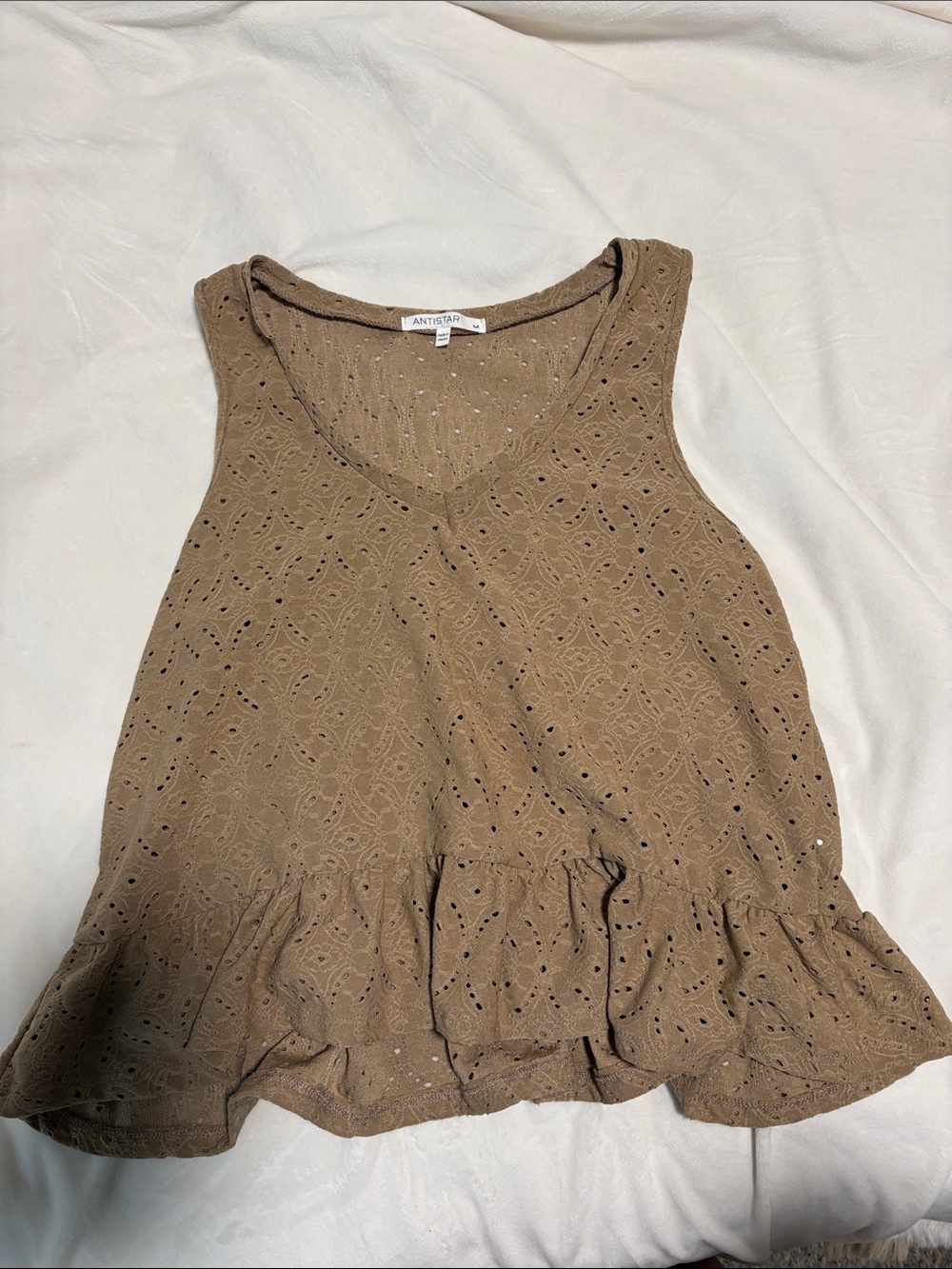 Cropped Brown Eyelet Ruffle Hem Sleeveless Tank